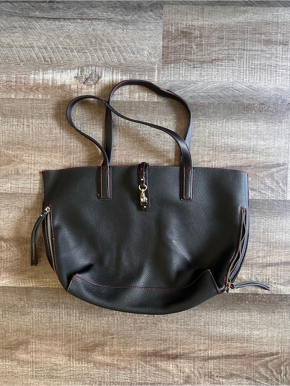 Women's Black Tote Bag with Red Stitching